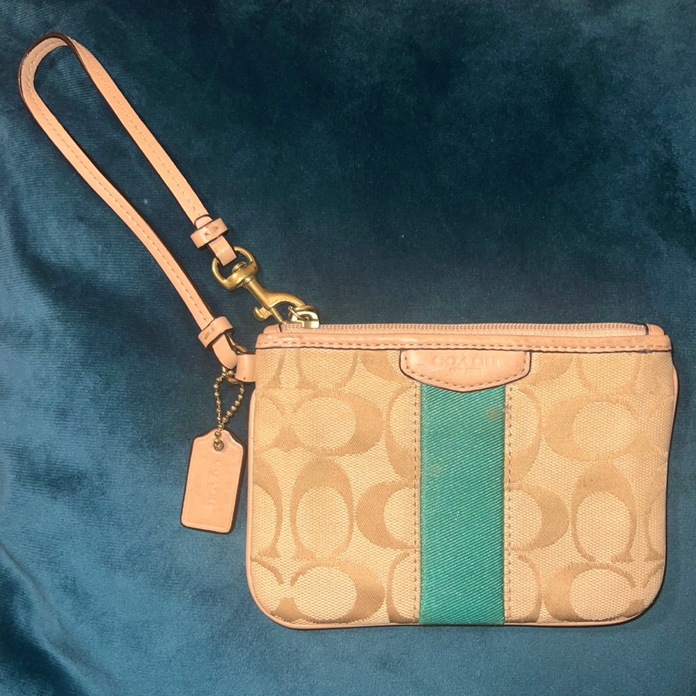 Vintage Coach Signature Stripe 4 x 6 1/4 Wristlet in Tan Signature w/Teal Stripe